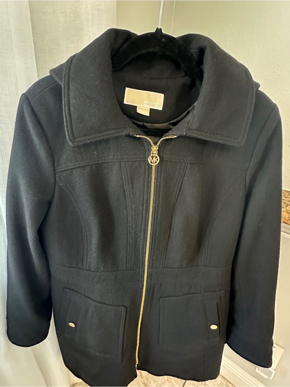 Michael Kors Black Pea Coat with Gold Hardware